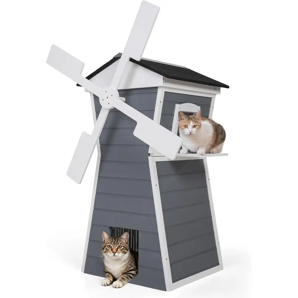 

Домик для кошек, в форме ветряной мельницы, с водонепроницаемой крышей, площадкой для прыжков и балконом для веранды или сада