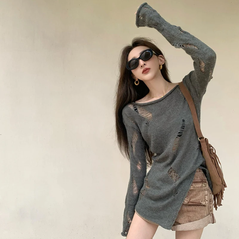 Women\'s Aesthetic Summer Knitted Tops Solid Color Long Sleeve Round Neck Distressed Spring Lightweight Slim Fit Knitted T-Shirt