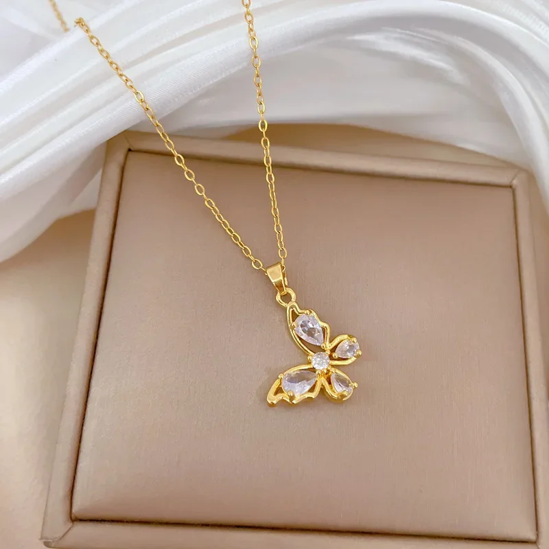 Fashion Butterfly Zircon Pendant Necklace for Women Girls Stainless Steel Chain Party Accessories Jewelry Gifts image 3