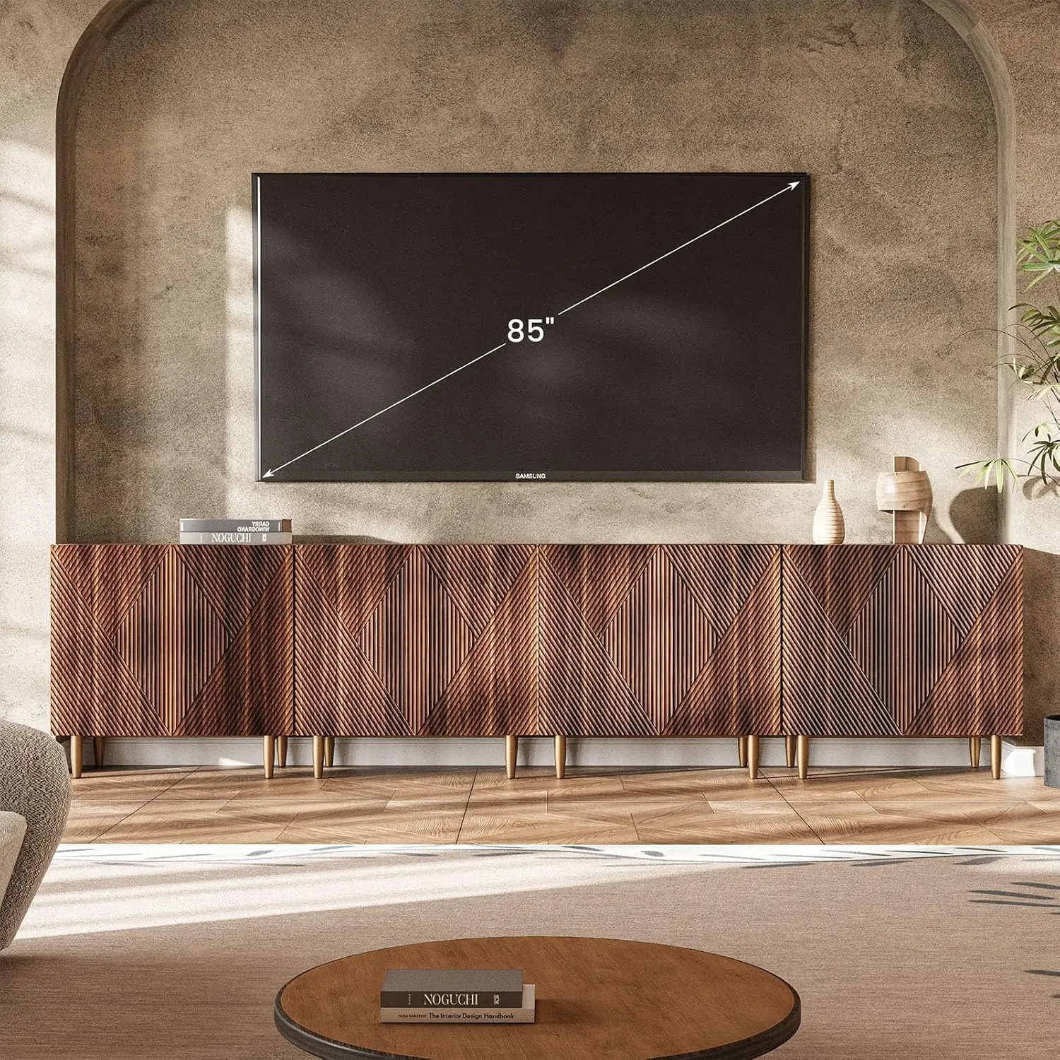 Set of 2 Fluted TV Stands with Storage, 65 Inch Accent Sideboard Large Console Table with Adjustable Shelves, Mid, Customized