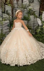 Flower Girl Dress White Fluffy Tulle Lace Applique Elegant Wedding Flower Children Birthday Communion Customized Dress