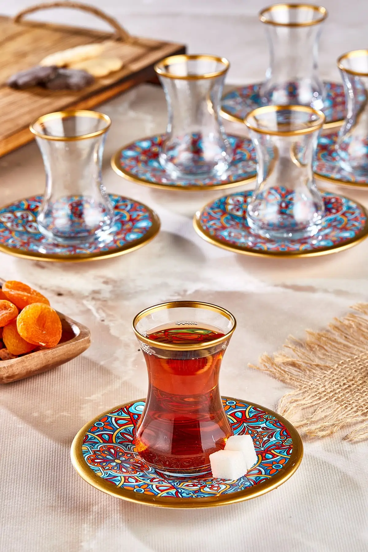 12 Piece Decorated Glass Tea Cup Set, Turkish Style Glass Tea Cup Set Guest and Gift Set