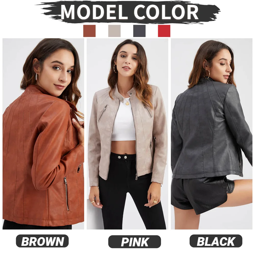 Stand Collar Women Fashion Leather Jacket Short Style Female Slim Coats Spring Autumn Wear