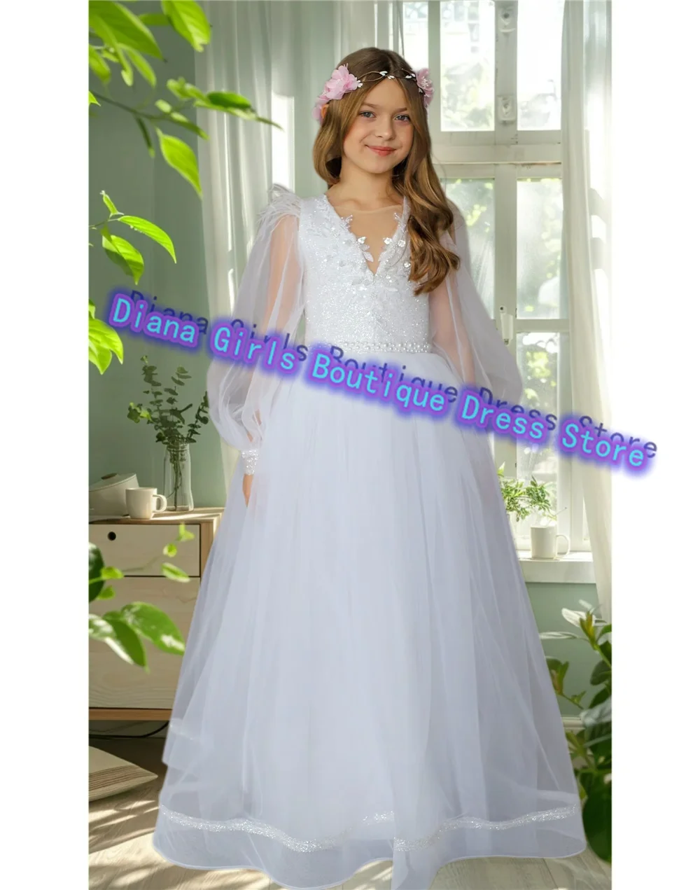 

Элегантное качественное белое платье с цветочным узором для девочек, тюлевое пышное изысканное платье с аппликацией для маленькой принцессы, бальное вечернее платье на день рождения