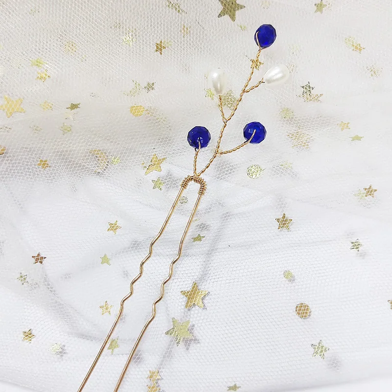 

Модная женская заколка для волос U-образной формы с синими кристаллами и жемчугом, свадебные аксессуары для волос, украшение для головы