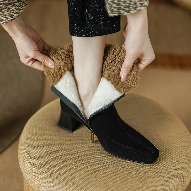 Women Ankle Boots Winter Warm Shoes Real Fur Inner Ladies Shoes On Thick Heel Sheepsuede Retro Botas Side Zip Short Botas
