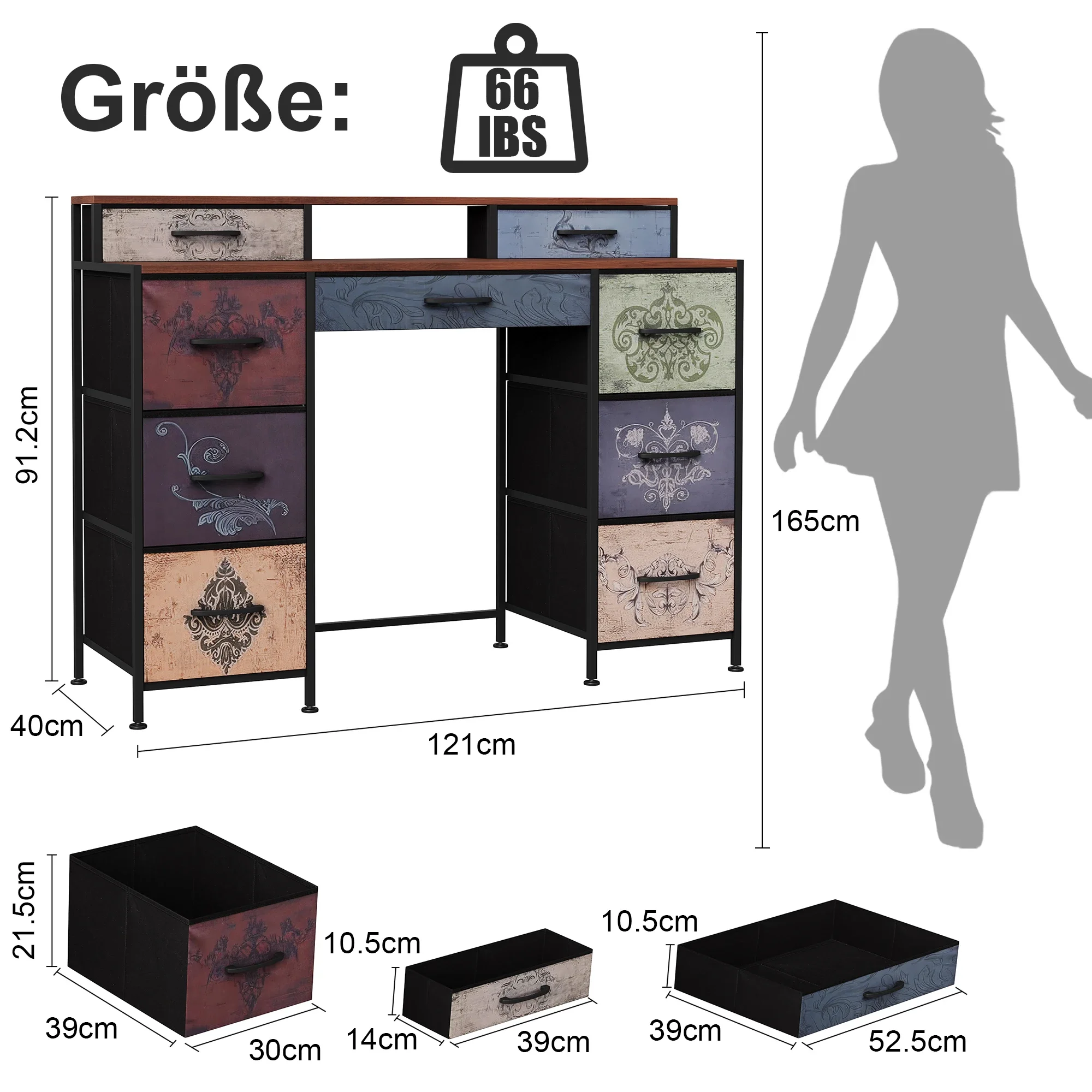 طاولة زينة Rosahqnda مع 9 أدراج، خزانة ذات أدراج، خزانة ذات أدراج قماشية، إطار معدني، أدراج قماش 121x40x91.2 سم