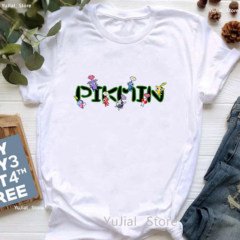 Cute Pikmin Running Letter Print Tshirt Girls Summer Tops Tee Shirt Femme White Short Sleeve T-Shirt Female Harajuku Shirt