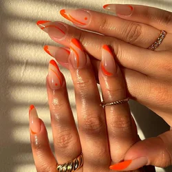 24pcs Simple French Orange Press on Nails with Glue Almond Shape Cheap Nail Tips Full Set Medium Long False Nails for Girls 2024