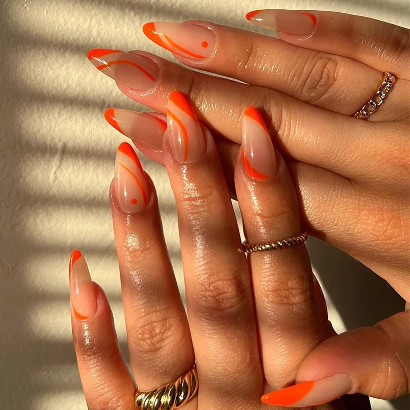 24pcs Simple French Orange Press on Nails with Glue Almond Shape Cheap Nail Tips Full Set Medium Long False Nails for Girls 2024