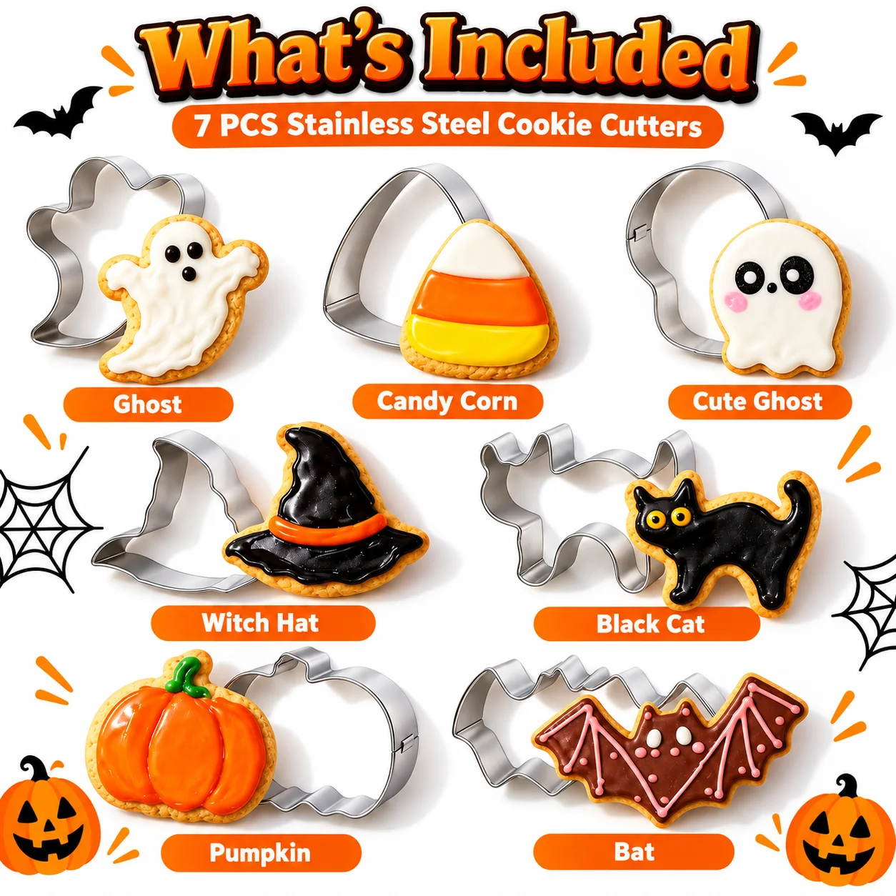 7-teiliges Halloween-Ausstechformen-Set, lebensmittelechter Edelstahl, Kürbis-, Geister-, Fledermaus- und Totenkopfformen, glatte Kanten, für DIY-Backen zu Hause – Detail 2