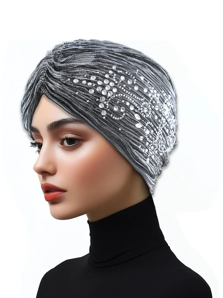 

Новая блестящая индийская шляпа для женщин с бриллиантами, мусульманский хиджаб, капот, шапочки, мерцающий платок, повязка на голову от выпадения волос, химиотерапия, Turbante Mujer