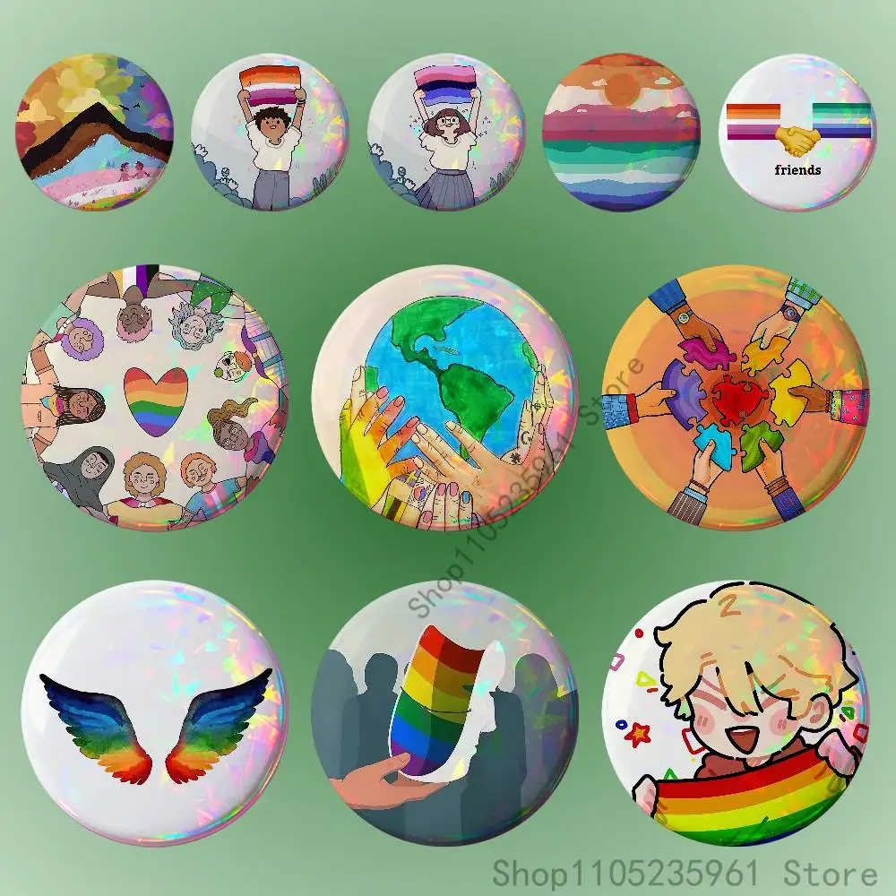 

LGBTQ Art 58mm 44mm HD Print Brooch Badges Pretty Derby Round Display Brooches Lapel Pins Custom
