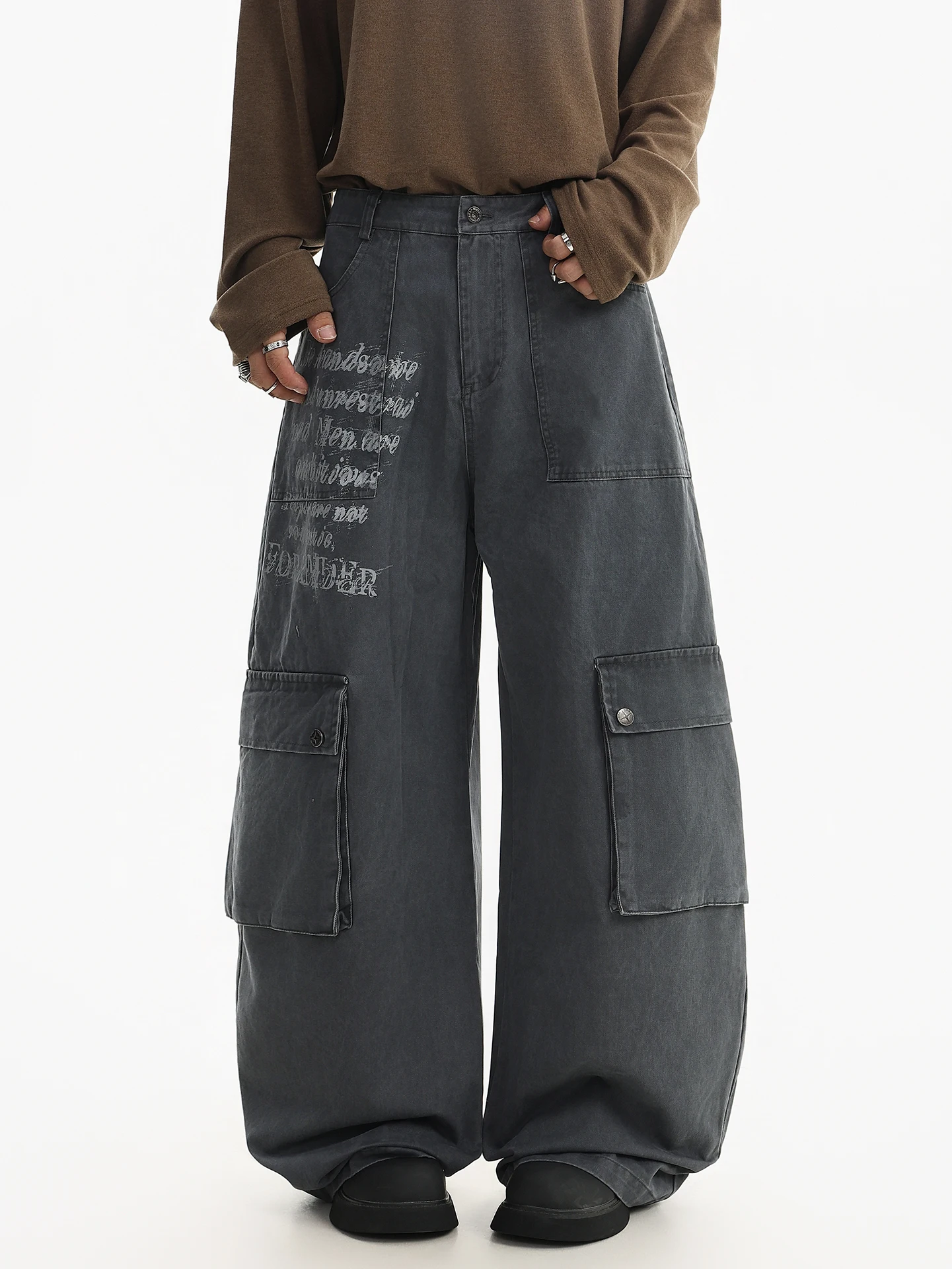 

American Retro Letter Print Workwear Jeans Men's Spring New Washed Loose Straight Leg Pants High Waist Multi Pocket Youth Fas...