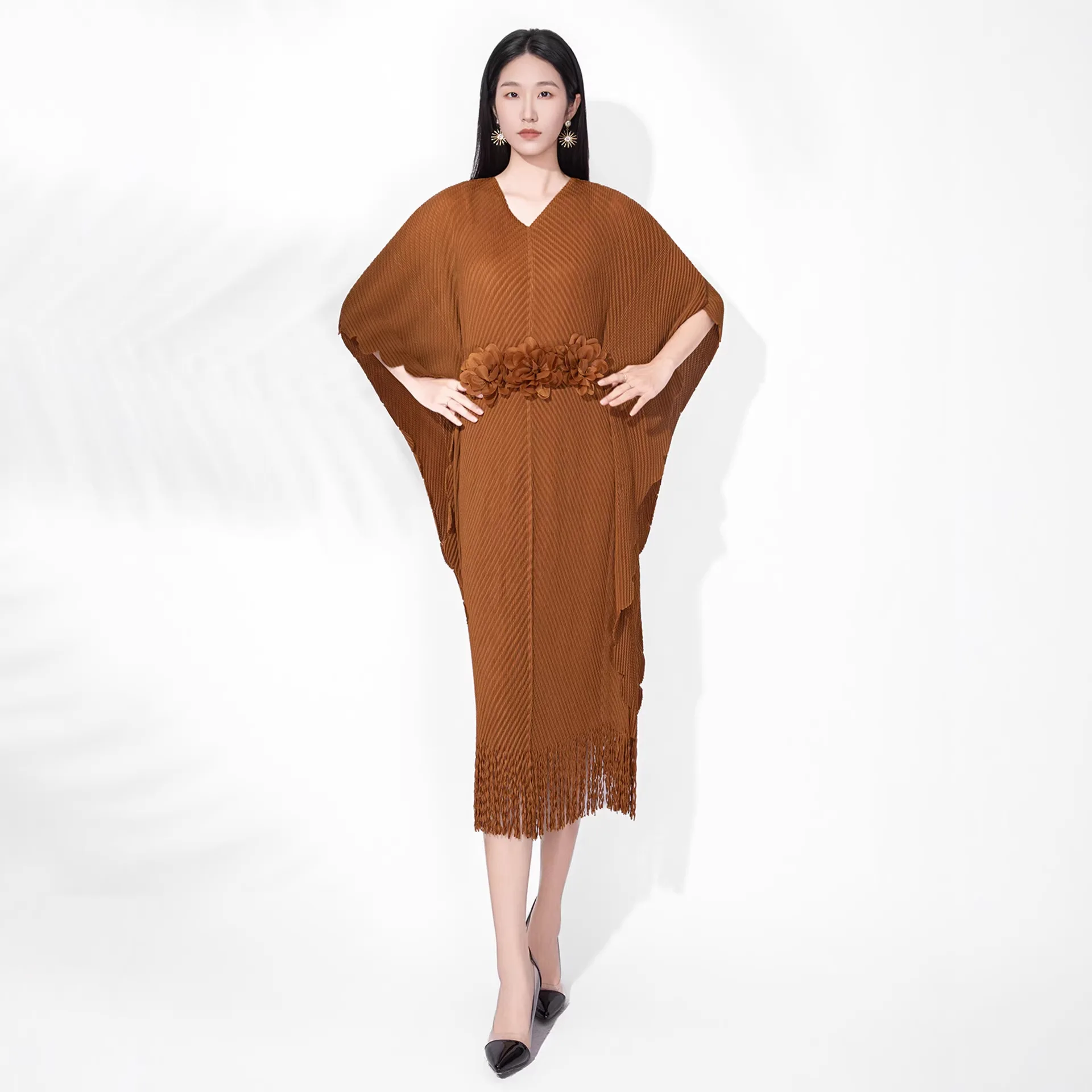 

Платье женское плиссированное Miyake Premium Magenta миди с отложным воротником, на молнии, с рукавами «летучая мышь», для торжественных случаев