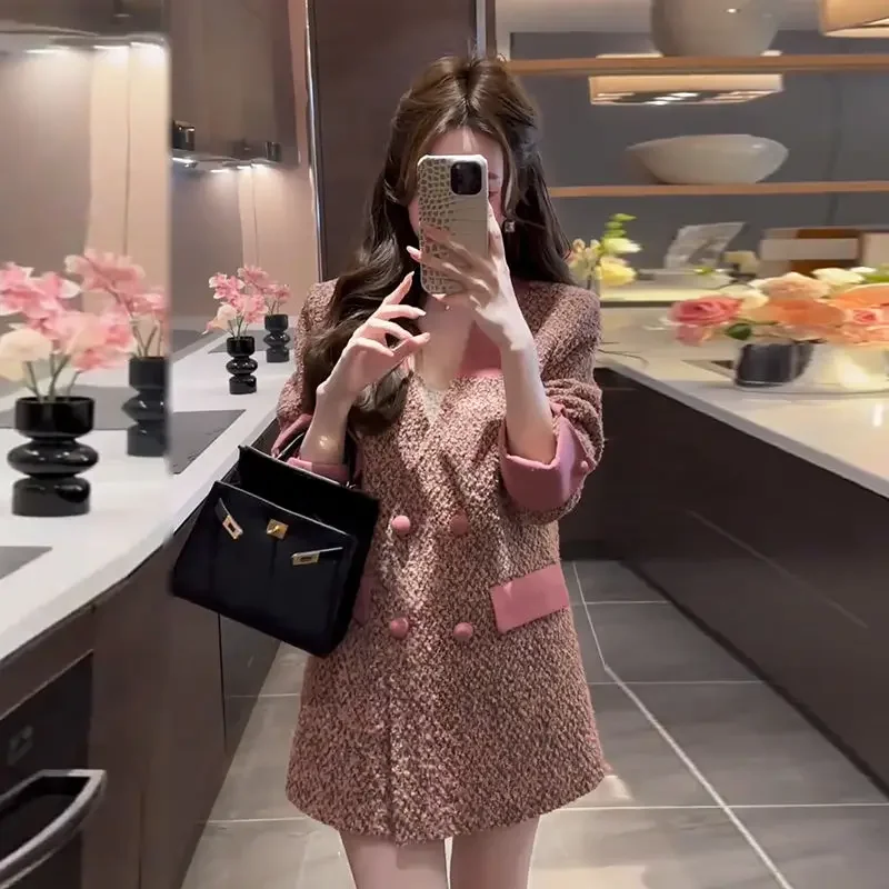 Pop Luxury Autumn Vintage V-neck Wool Blazer Tweed Jacket Women Original Design Suit Coat Office Lady Streetwear Women Clothing