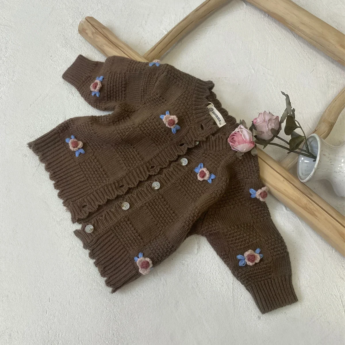 Swetry dziecięce ręcznie robione haczyki sweter w kwiaty dekoracja kwiatowa sweter dziecięcy koreański sweter płaszcz strój jesienny topy swetry