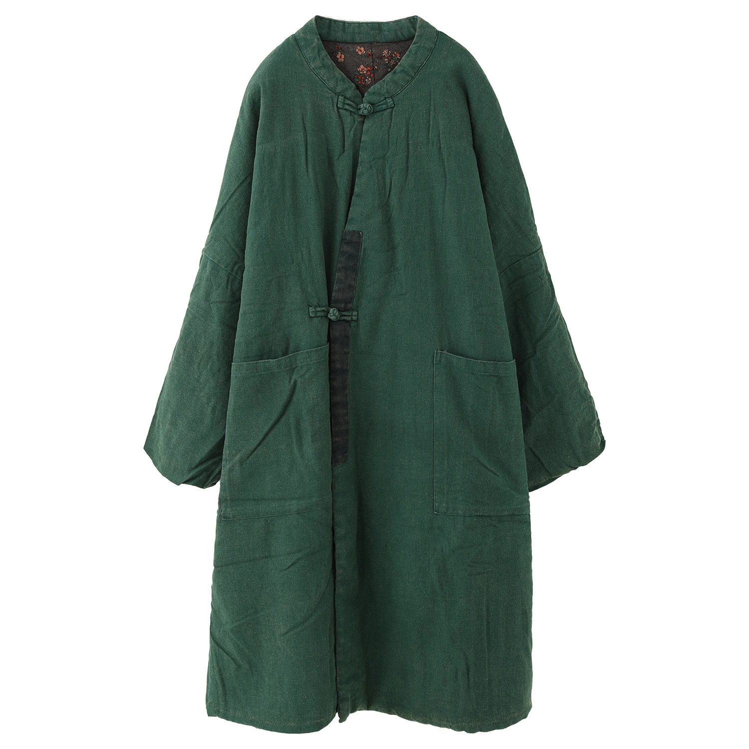 LZJN المرأة الشتاء بلون القطن الكتان خمر Arty فضفاض منتصف طول مبطن الوقوف طوق الضفدع زر معطف الموضة الدافئة #3