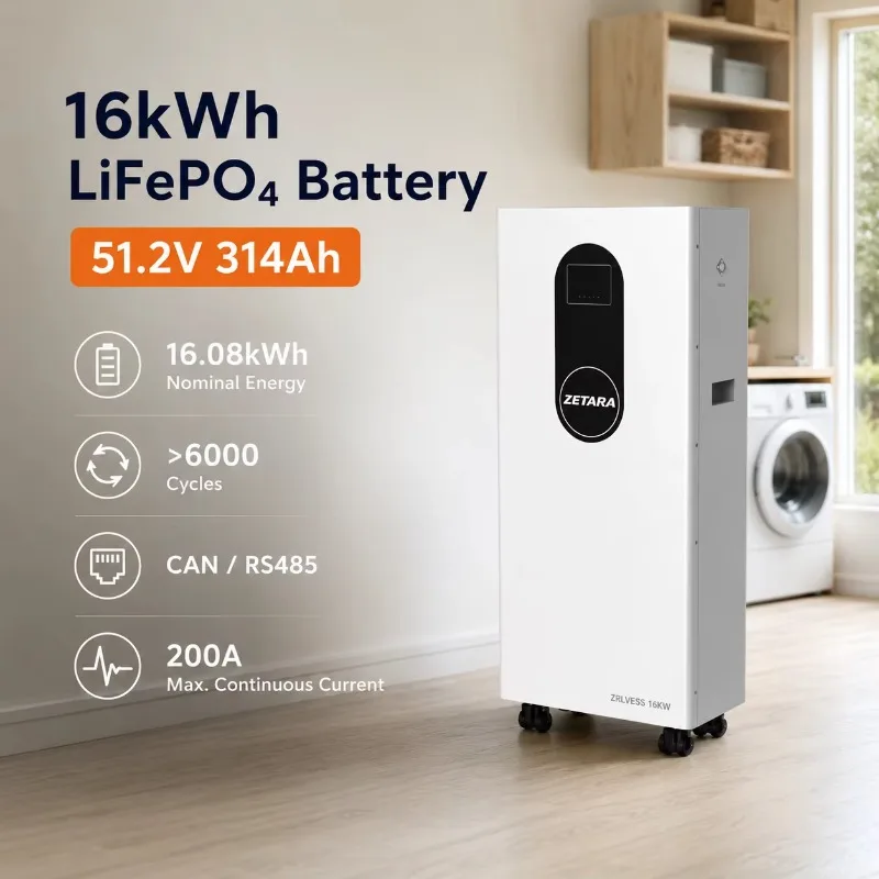 16kWh 51.2V 314Ah LiFePO4 Battery System Wall Mount Lithium Battery Pack Compatible With Mainstream Inverters CAN RS485