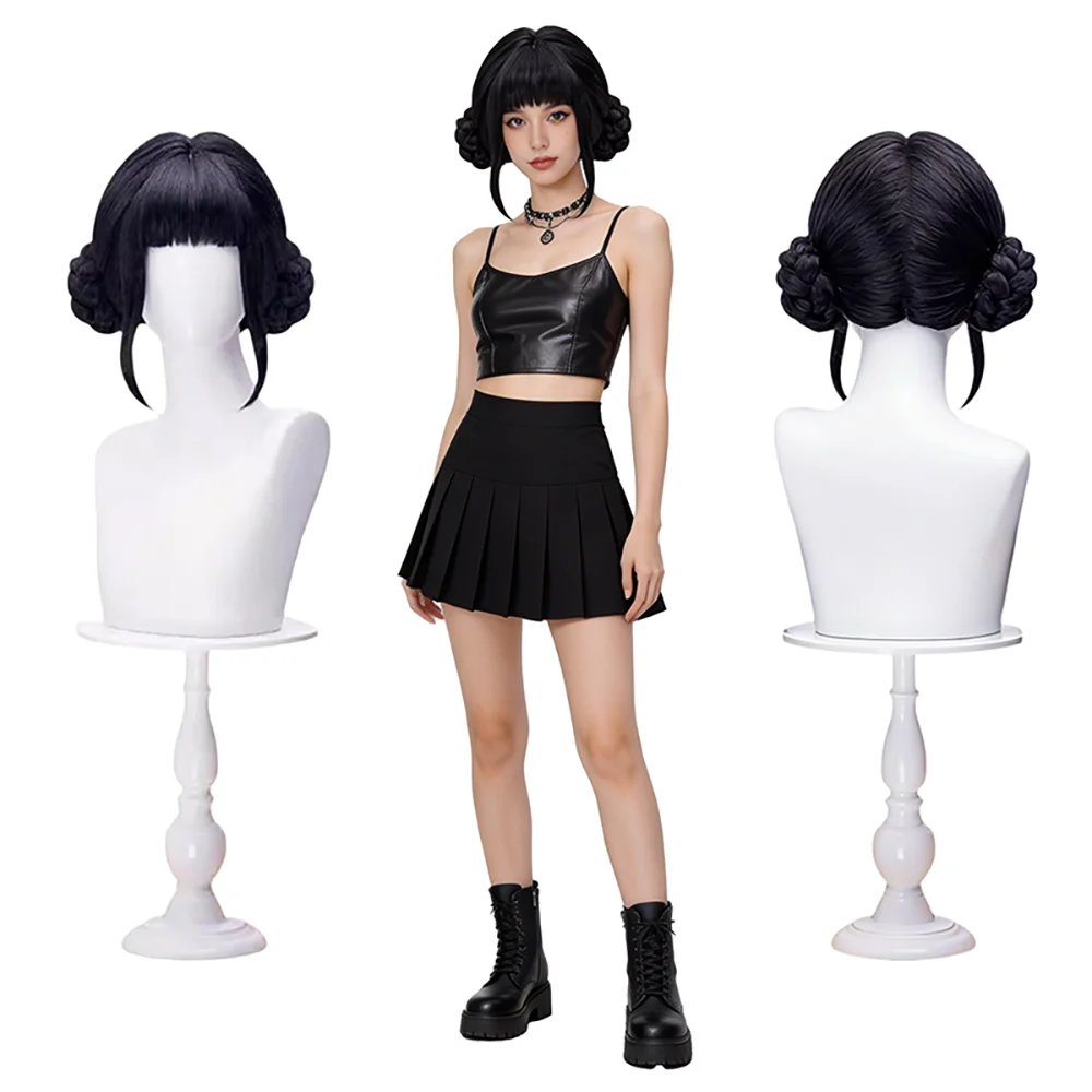 Zoey Cosplay Wig Black & Dark Purple Double Bun With Bangs Heat Resistant Synthetic Hair For Women Halloween Anime Costume Party