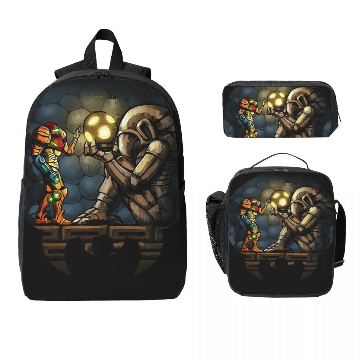 The First Chozo Metroid Samus Aran Backpack Boys Girls BookBag School Bag Shoulder Bags 3ps Insulated Lunch Bag Pencil Case