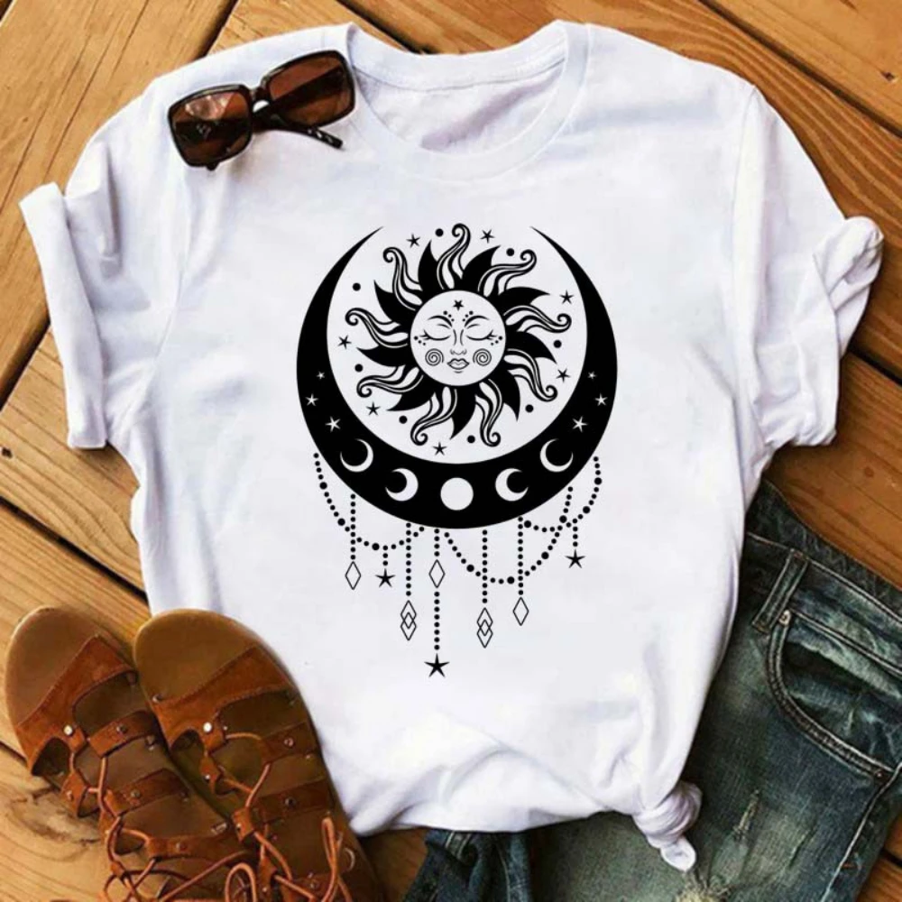 Fashion Gold and White Sun Moon Stars Women T Shirt Short Sleeve Women Tshirt Durable Plus-size Casual T-shirt Daily Streetwear
