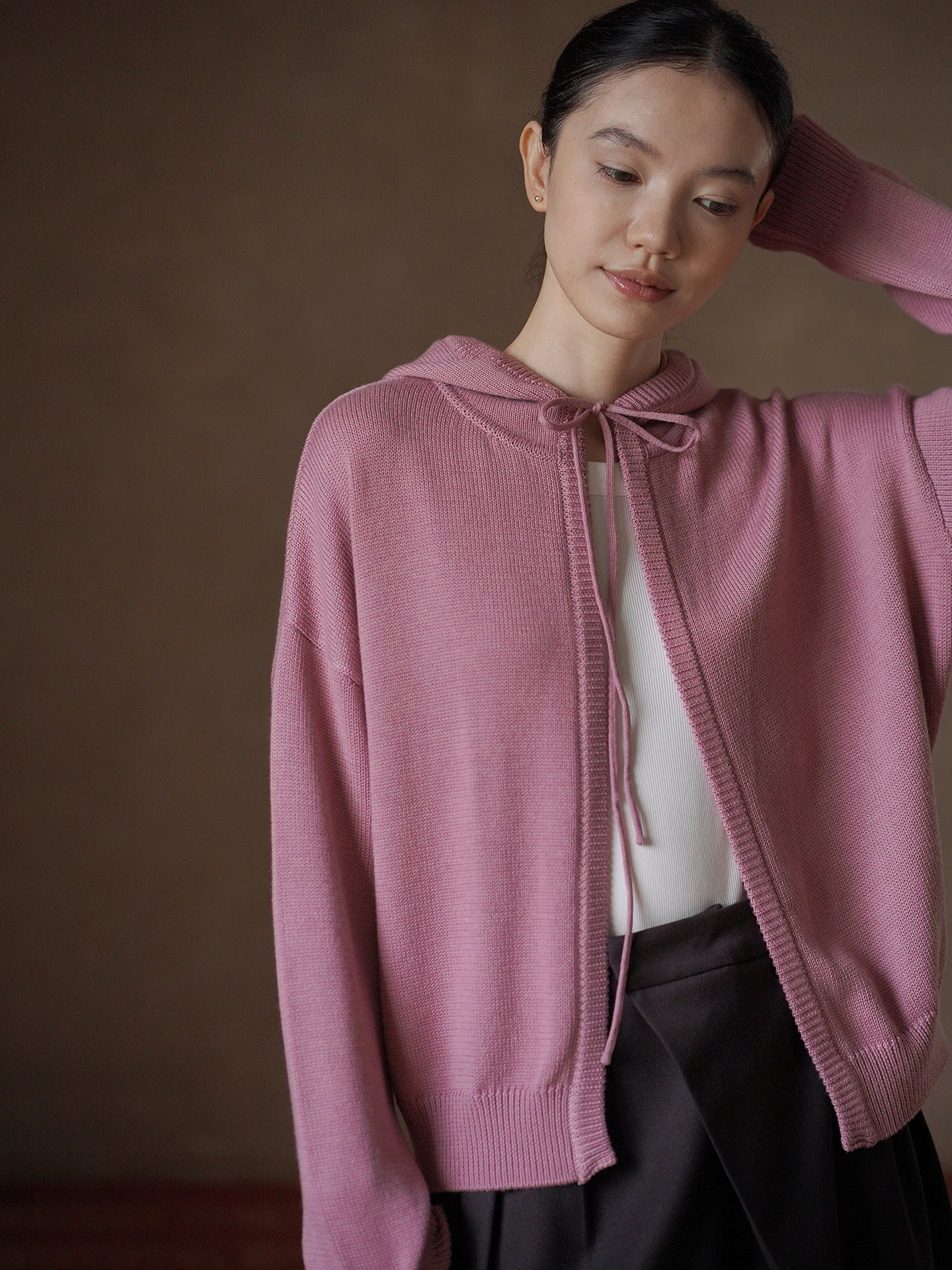 Hacikis Miss Hat Teeth Loose Fit Soft Wool Blend Knitwear Coat Casual Style Long Sleeve Hooded Sweater Outerwear for Women