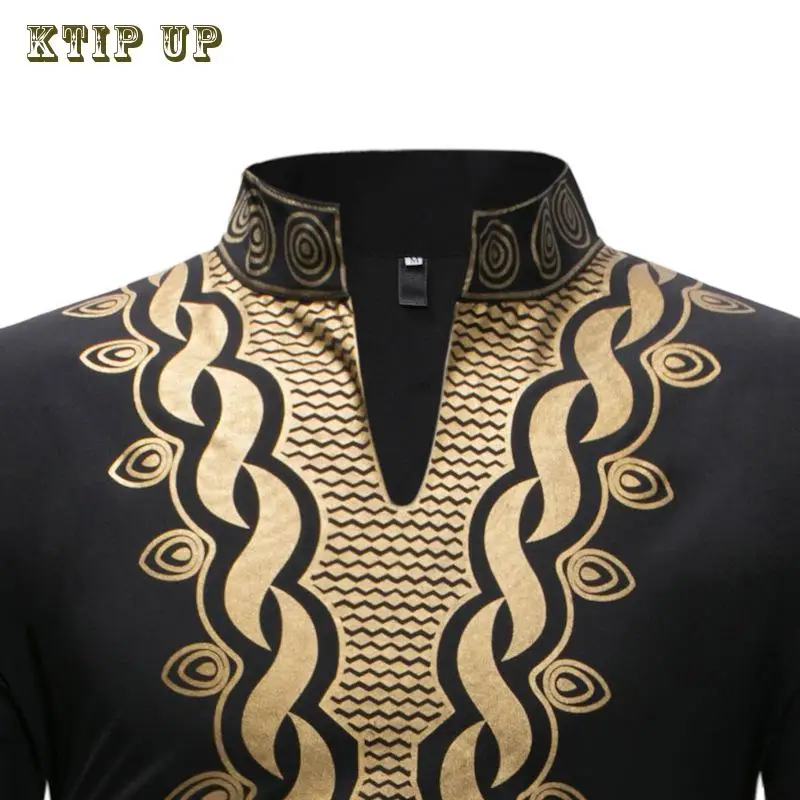 Camisa de longitud media para hombre, ropa musulmana, cuello de pie, estampado dorado, Oriente Medio, Dubai, Arabia Saudita, Islam, negro