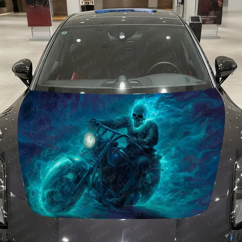 Ice Flame Rider Car Vinyl Wrap, PVC Waterproof Car Hood Sticker, Self-Adhesive Scratch-Resistant Engine Cover Sticker