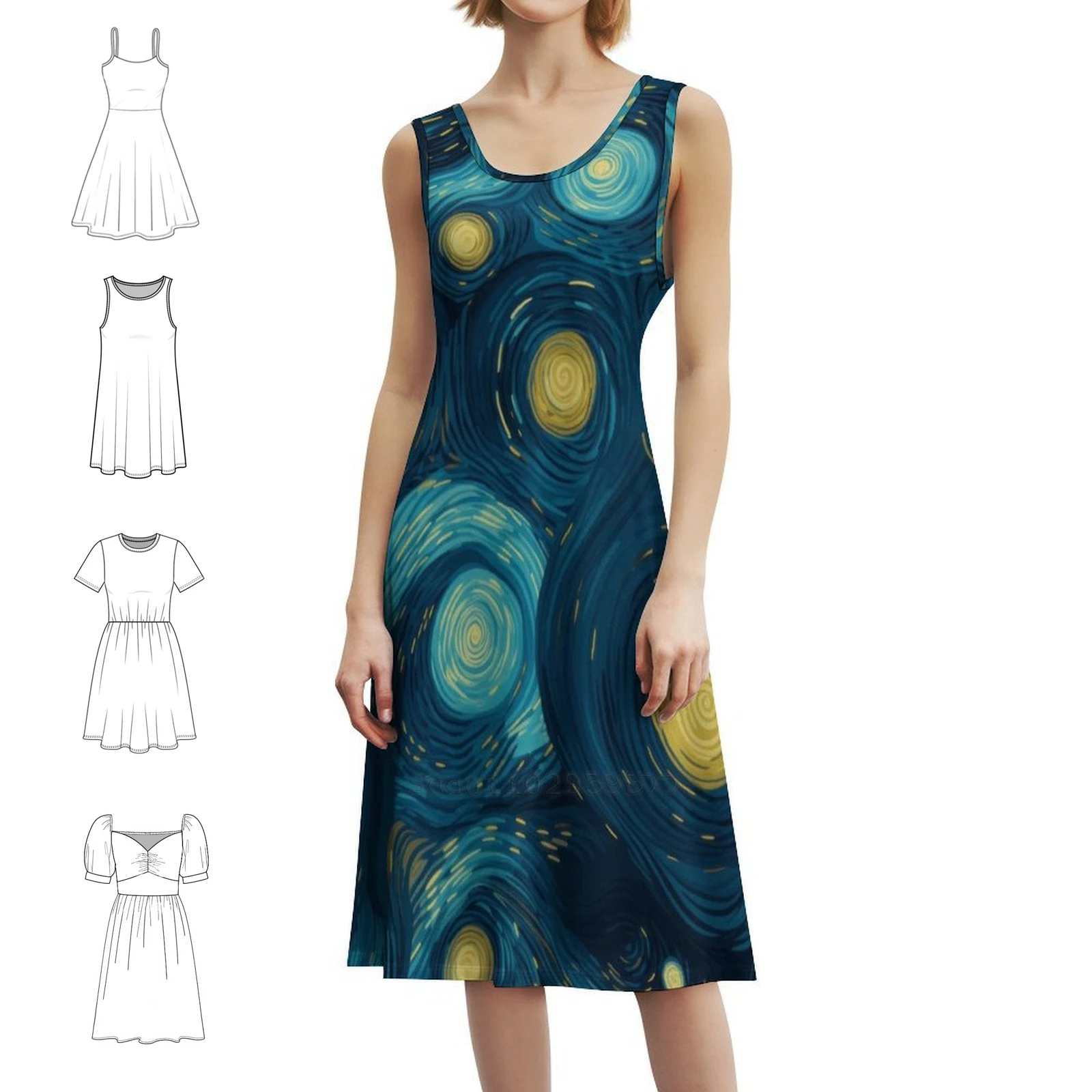 

Van Gogh Starry Night Style Pattern Vintage Bohemian Dress Puff Sleeve Or Sleeveless Options For Women Dress Van Gogh Blue Gogh