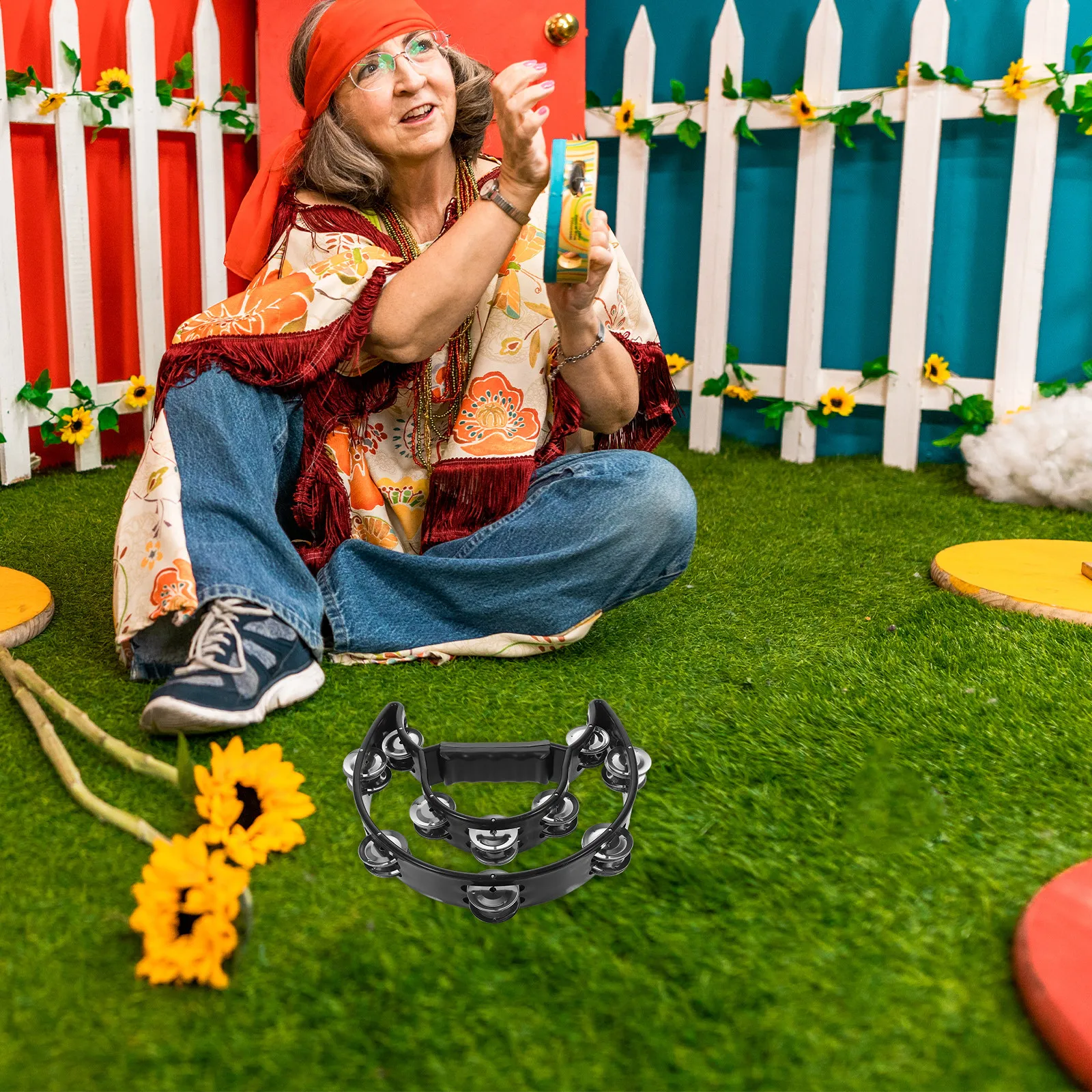 Music Tambourine 40 Jingles Rubber Handle Half Moon Shaped Percussion Handheld Jingle Tambourine for Concert Party