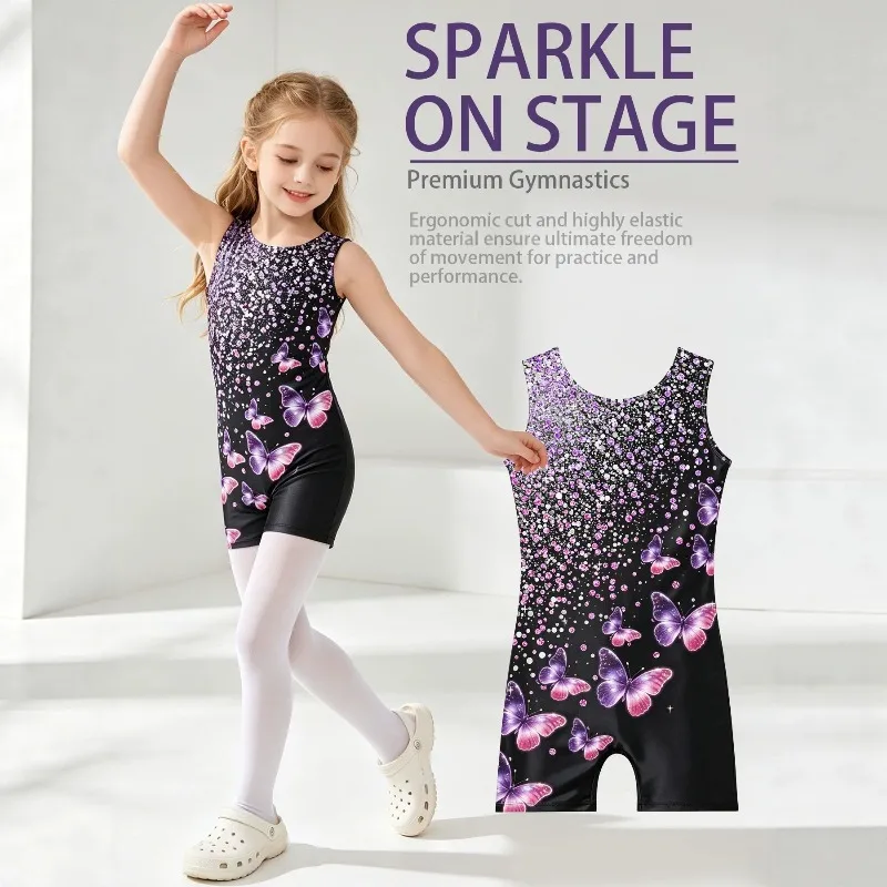 2026 New Girls Flat-angle Gymnastics Suit Glossy Star-printed One-piece Training Suit Quick-drying High-elastic Dance Jumpsuit
