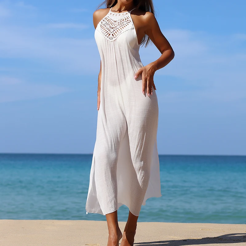 

Summer Vacation Sun Protection Beach Cover-Up Dress, Casual Loose-Fitting Side Slit Sundress, Comfortable Plain Design