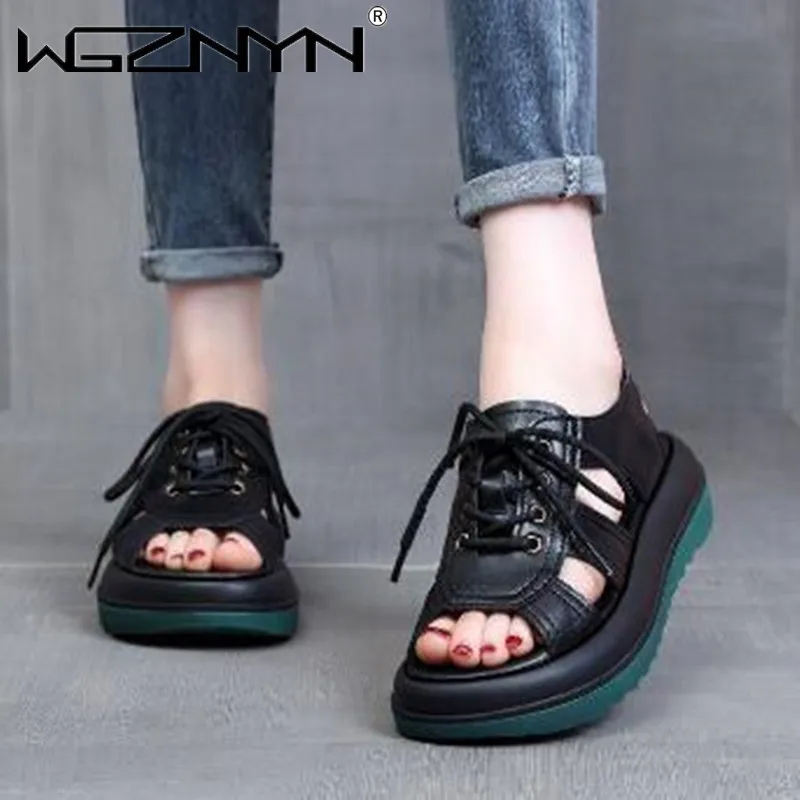 2023 Summer New Women\'s Sandals Vintage Lace Up Open Toe Non-slip Platform Shoes Comfortable Hollow Roman Sandal Zapatilla Mujer