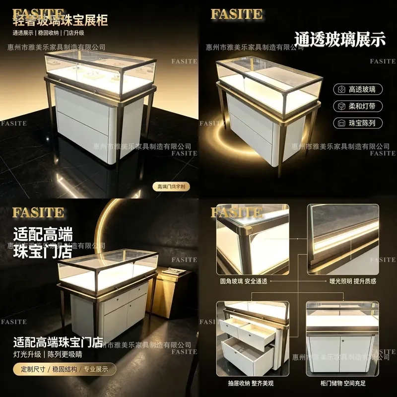 For Jewelry Store Light Luxury Display Cabinet Stainless Steel Glass Counter Gold Showcase Customizable Factory Direct