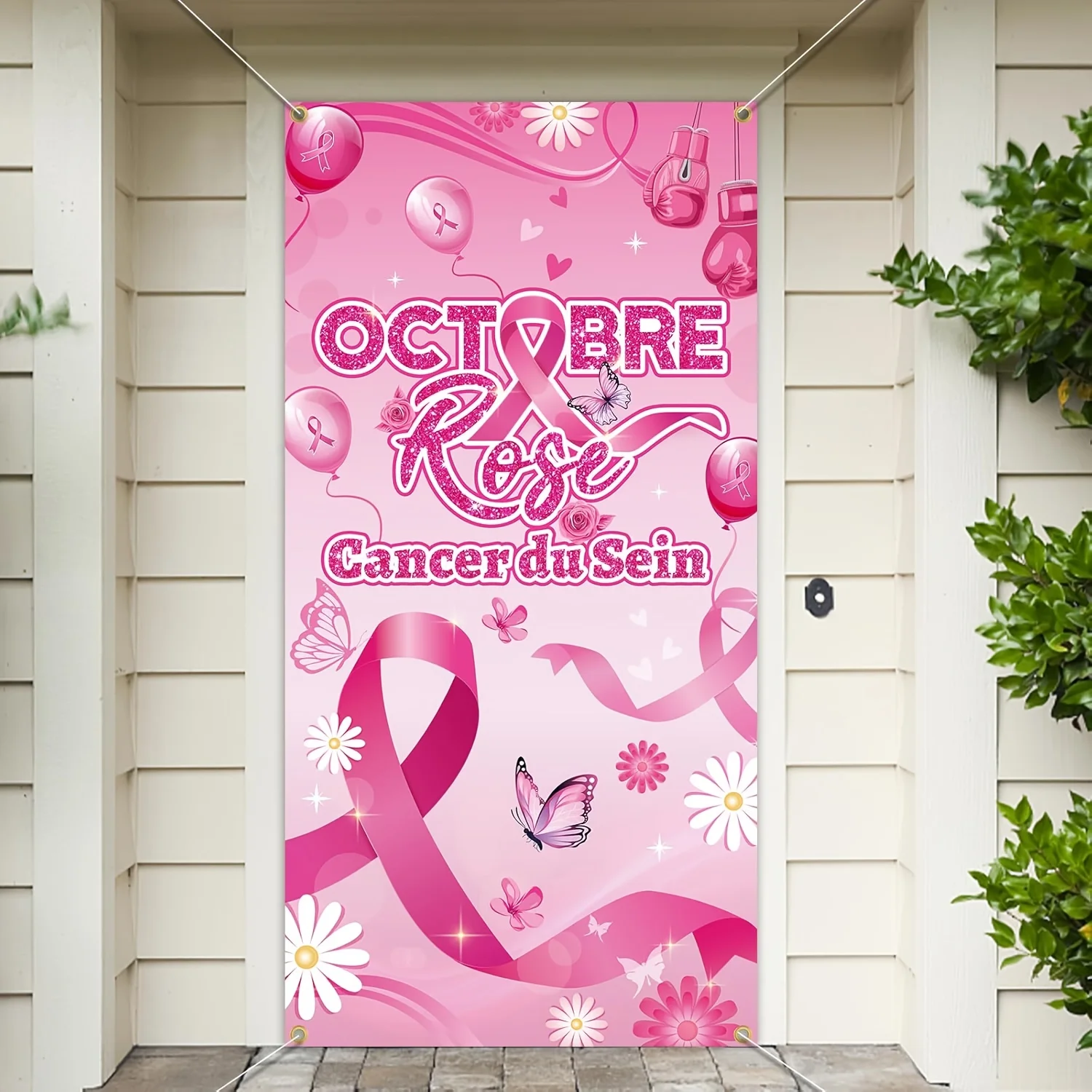 Français Octobre Rose Porte Bannière pour Octobre Rose Cancer du Sein Décoration Party Banner Ruban Rose Bannière pour Porte