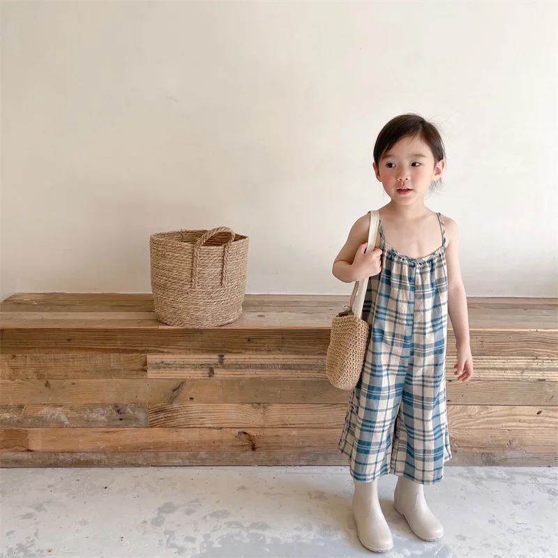 

Girls Pants 2026 Spring New Korean Version Checkered Camisole One-piece Wide Leg Pants Fashionable Casual Daily Wear