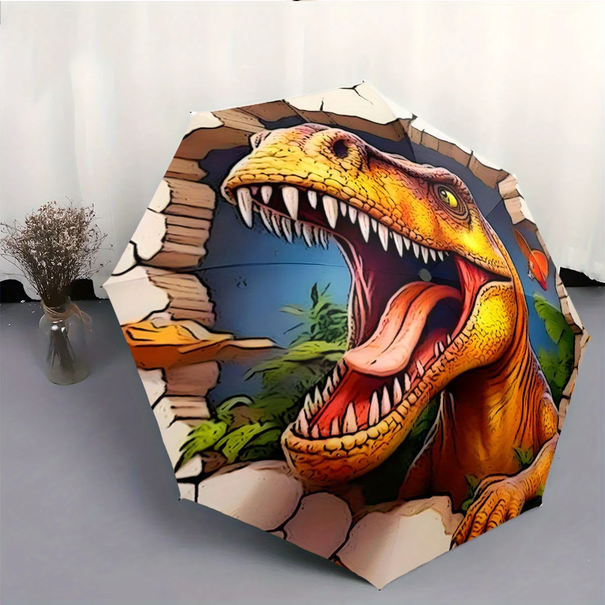 

Automatic Folding Umbrella with Roaring Dinosaur Design - 8-Rib Portable Collapsible Umbrella, Durable Iron & Plastic Frame, V
