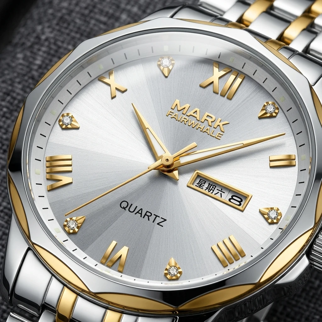 Mark Fairwhale Mens Wristwatch Roman Dial Rhinestone Index Day Date Display Stainless Steel Bracelet Waterproof Business Watch