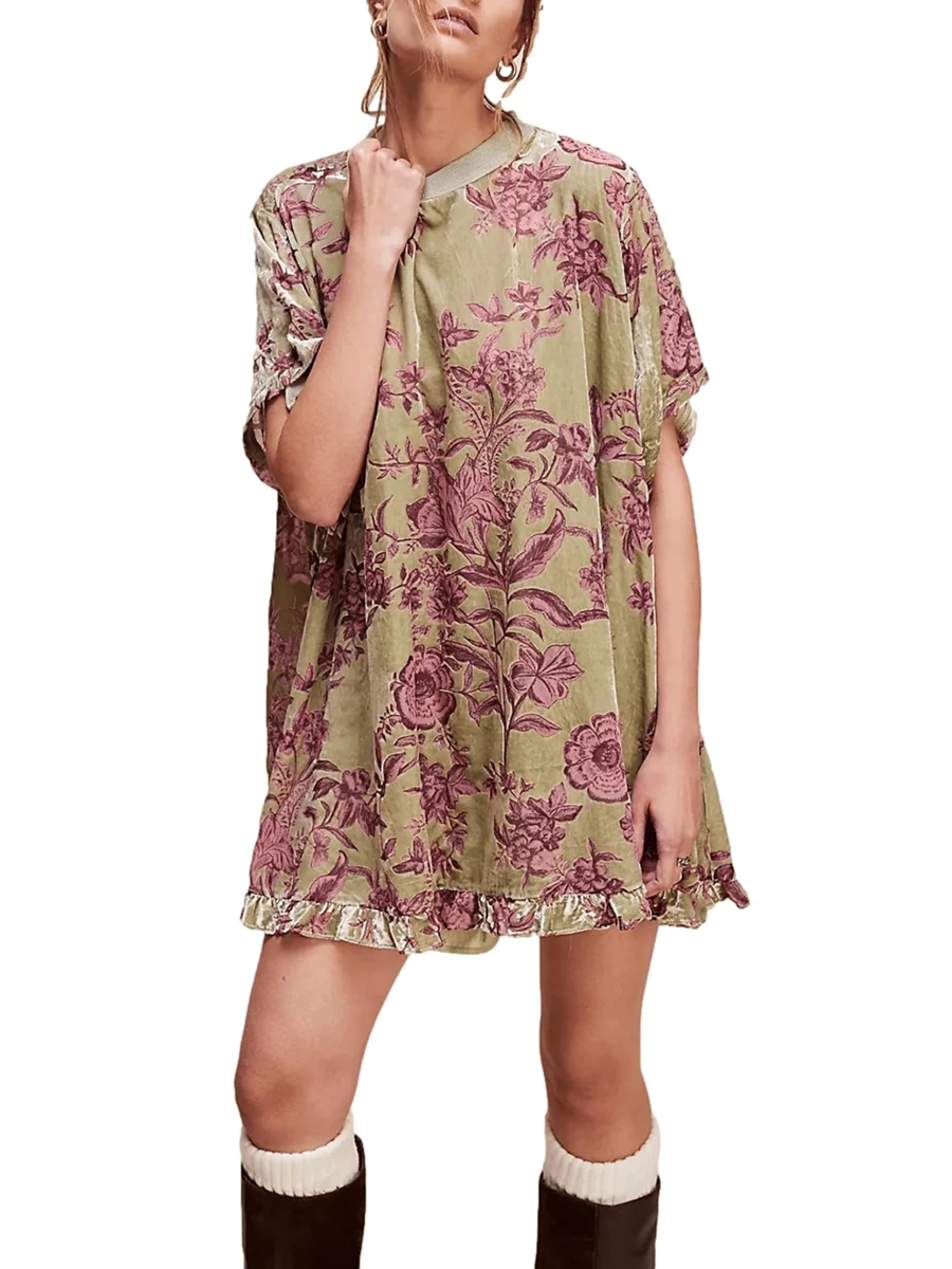 Women Velvet Dress Long Sleeve Crew Round Neck Flower Mini Dress Loose Fall Casual Dress Basics Versatility Elegant