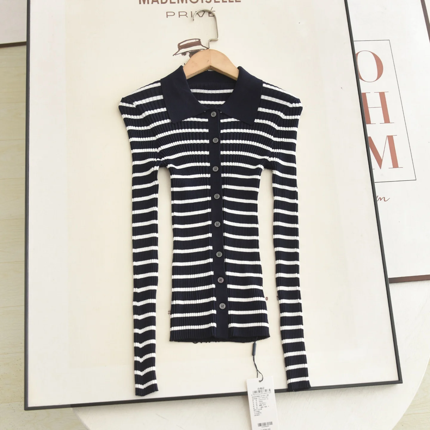 

Облегающий полосатый длинный вязаный кардиган све, модный отложной воротник, эластичный женский повседневный кардиган, осеннее новое поступление