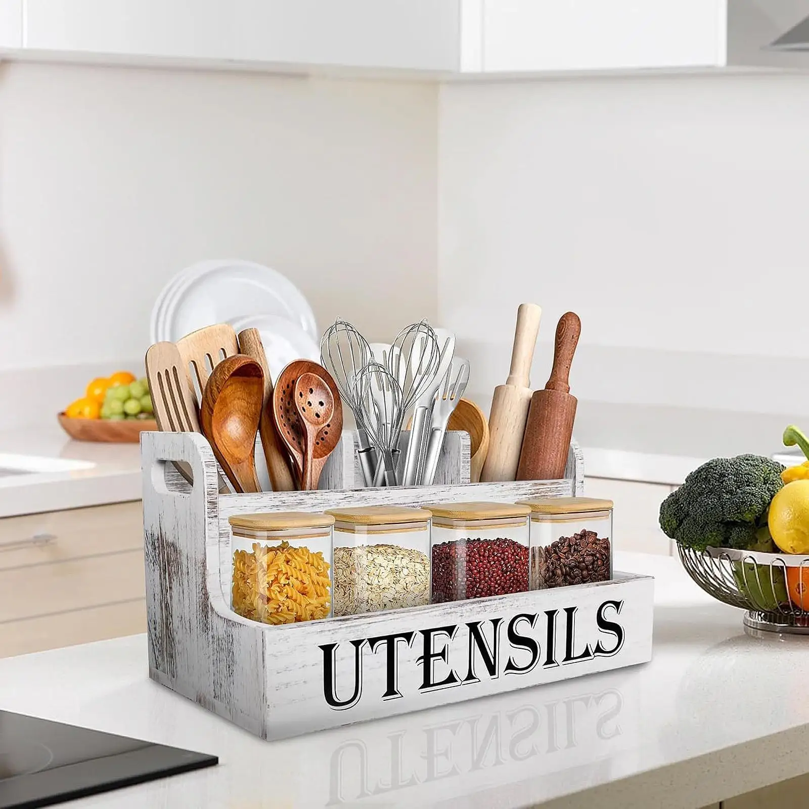 White Farmhouse Kitchen Utensil Organizer Rustic Wooden Crock Holder for Kitchen Shelf and Cabinet Organization