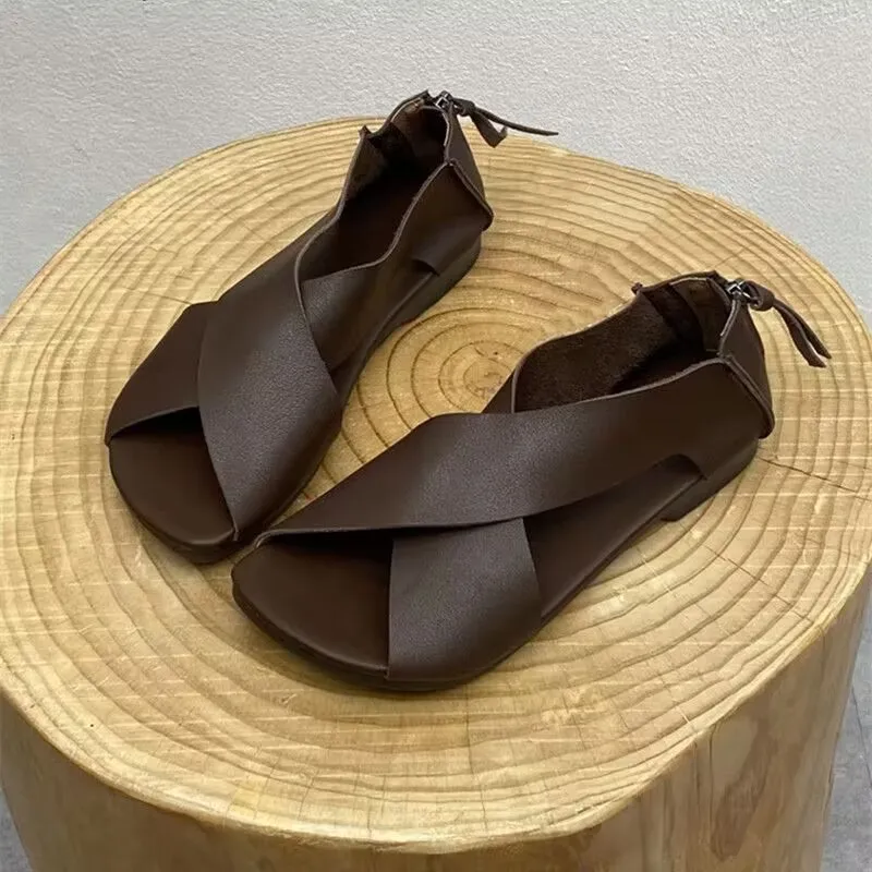 Sandalias clásicas de cuero para mujer, zapatos de playa informales, simples, de Color sólido, Retro, suaves y antideslizantes, estilo romano,