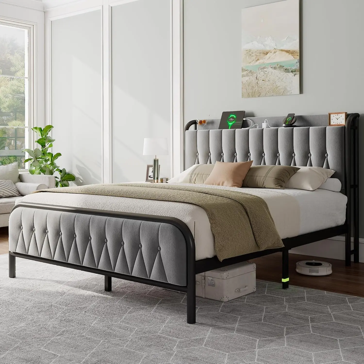 

Velvet Queen Bed Frame with Charging Station, Platform Bed with Upholstered Storage Headboard & Footboard, 12" Underbed