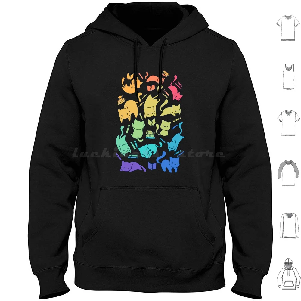 Cats & Books Hoodie cotton Long Sleeve Cat Cats Book Books Animal Animals Rainbow Colour Colourful Color Colorful