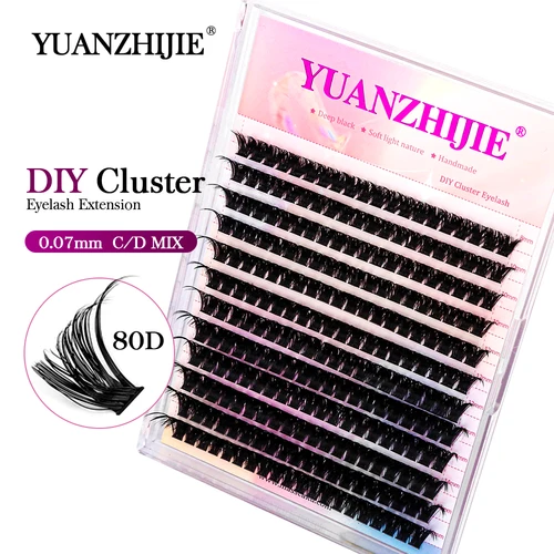 YUANZHIJIE maquillaje de pestañas individuales Cilios extensión de pestañas en racimo Wispy C/D volumen rizado maquillaje de pestañas postizas suaves negras