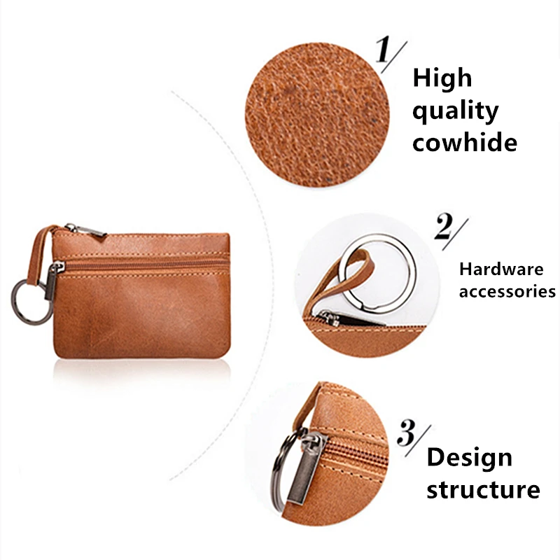 Lederen Mini Multifunctionele Portemonnee Met Hangende Ring Retro Unisex Dubbele Rits Korte Clutch Twee-Compartimenten Kleine Kaarttas