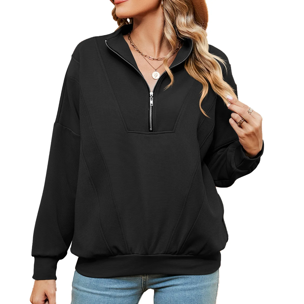 Sweatshirt for Female 2023 Autumn and Winter New Solid Color Zipper Long Sleeve Loose Casual Pullover Jacket