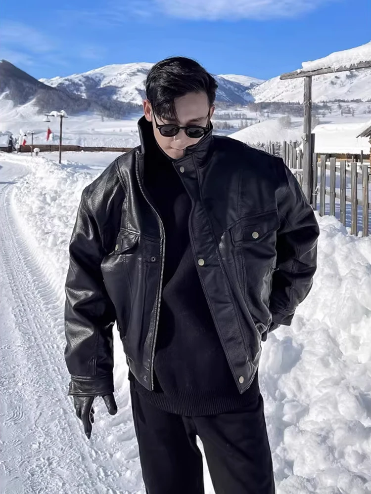 

Cleanfit ort PU Leather Motorcycle Jaet Men's Sli American Trendy Brand Stand Collar Flight Jaet Waterproof