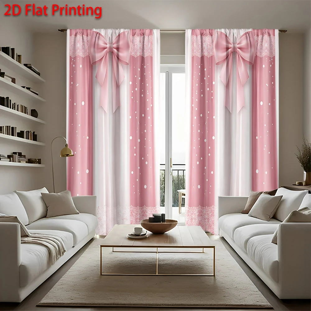 2PCS Digital Printed Curtains, Pink Polka Dot Bow Lace Stripe Pattern, Cute Sweet Girl Style for Bedroom Living Room Decor